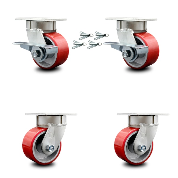 Service Caster 4 Inch Kingpinless Red Poly on Steel Wheel Caster Swivel Locks 2 Brakes, 4PK SCC-KP30S420-PUR-RS-SLB-BSL-2-BSL-2 - main
